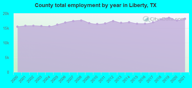 County total employment by year in Liberty, TX