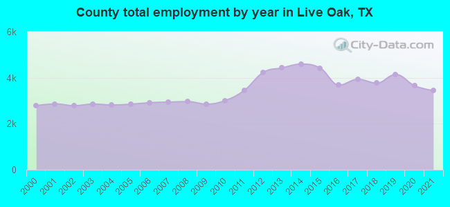 County total employment by year in Live Oak, TX