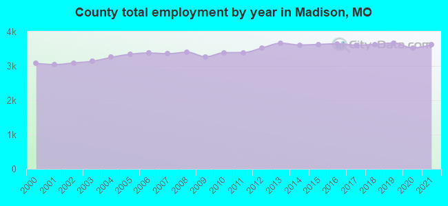 County total employment by year in Madison, MO