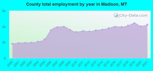 County total employment by year in Madison, MT
