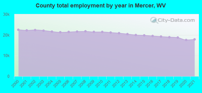 County total employment by year in Mercer, WV