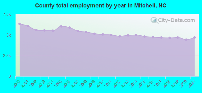 County total employment by year in Mitchell, NC