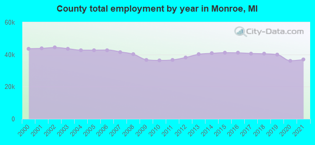 County total employment by year in Monroe, MI
