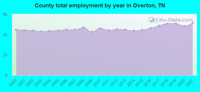 County total employment by year in Overton, TN