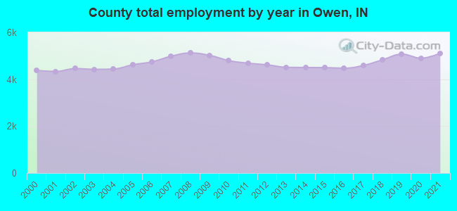 County total employment by year in Owen, IN