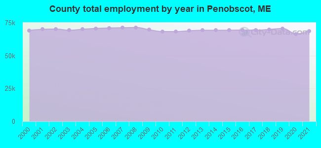 County total employment by year in Penobscot, ME