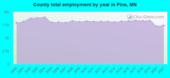 County total employment by year in Pine, MN