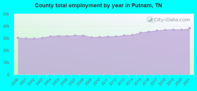 County total employment by year in Putnam, TN