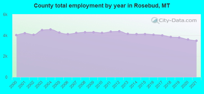 County total employment by year in Rosebud, MT
