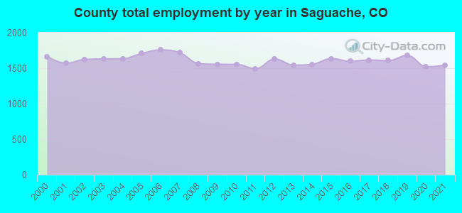 County total employment by year in Saguache, CO