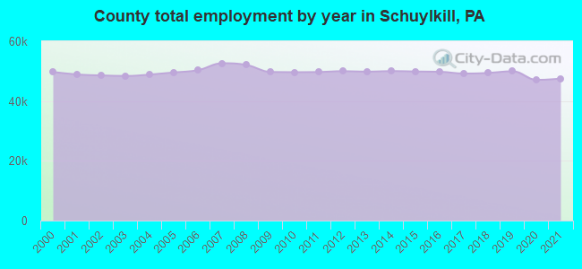 County total employment by year in Schuylkill, PA