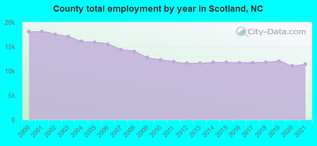 County total employment by year in Scotland, NC