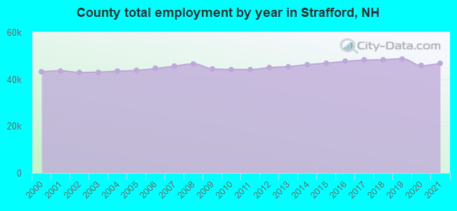 County total employment by year in Strafford, NH
