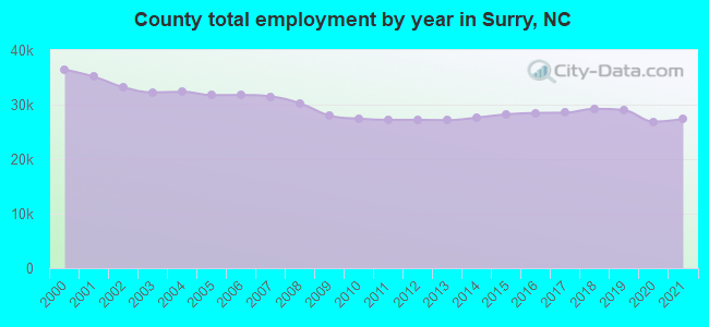 County total employment by year in Surry, NC