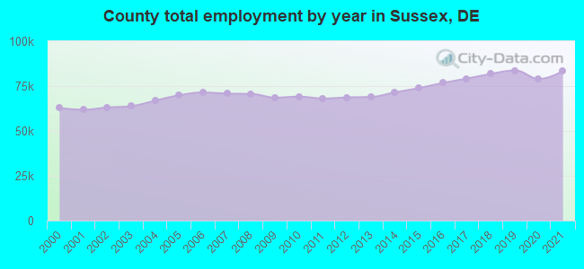 County total employment by year in Sussex, DE