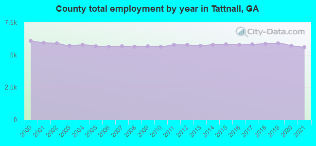 County total employment by year in Tattnall, GA