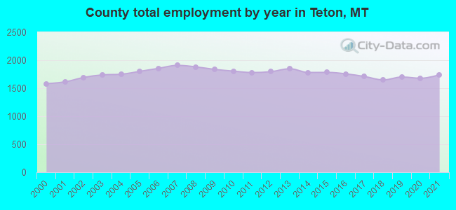 County total employment by year in Teton, MT