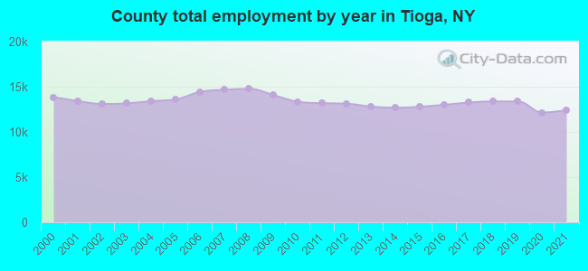 County total employment by year in Tioga, NY