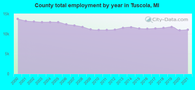 County total employment by year in Tuscola, MI