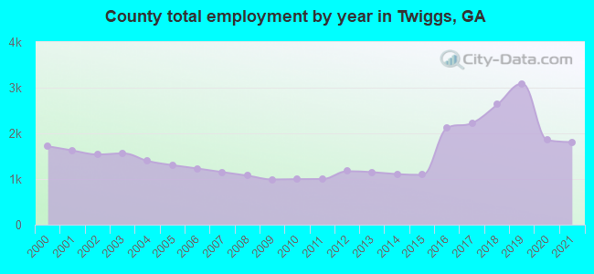 County total employment by year in Twiggs, GA