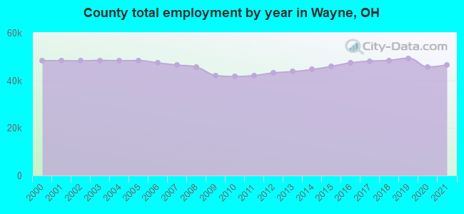 County total employment by year in Wayne, OH
