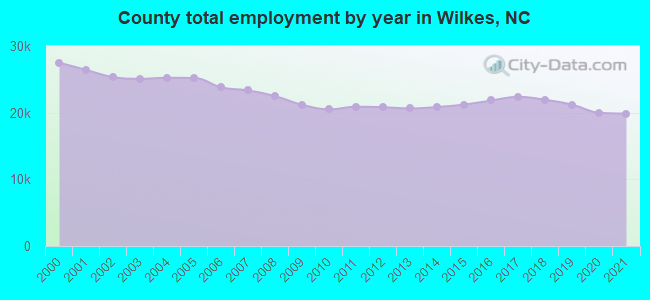 County total employment by year in Wilkes, NC