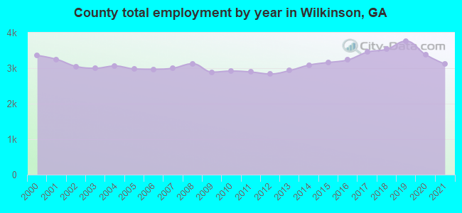 County total employment by year in Wilkinson, GA