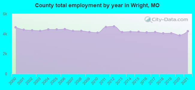 County total employment by year in Wright, MO