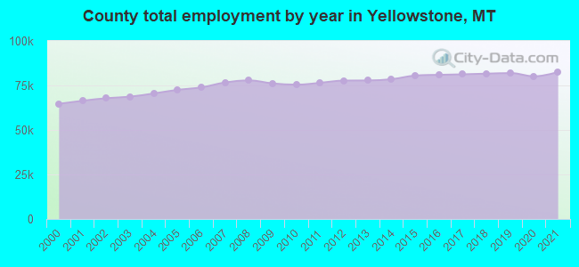 County total employment by year in Yellowstone, MT