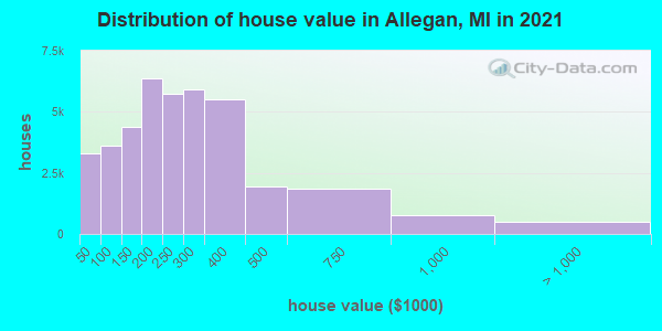 Distribution of house value in Allegan, MI in 2021