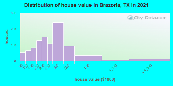 Distribution of house value in Brazoria, TX in 2021