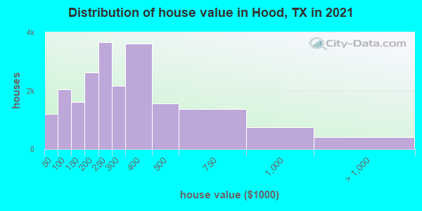 Distribution of house value in Hood, TX in 2021