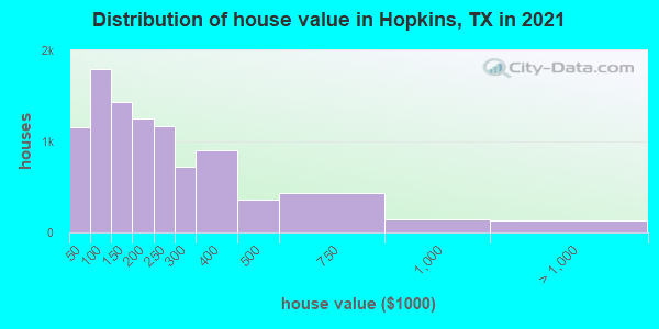 Distribution of house value in Hopkins, TX in 2022