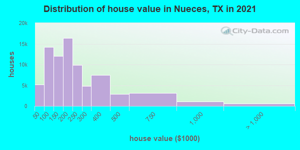 Distribution of house value in Nueces, TX in 2021