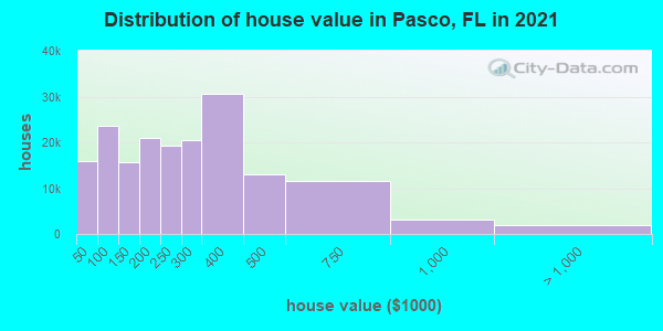Distribution of house value in Pasco, FL in 2021