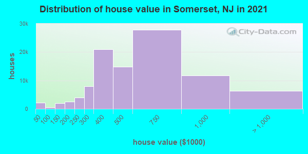 Distribution of house value in Somerset, NJ in 2021