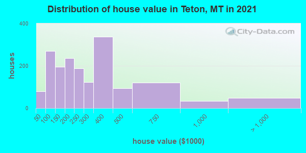 Distribution of house value in Teton, MT in 2019