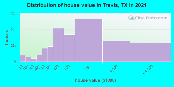 Distribution of house value in Travis, TX in 2021