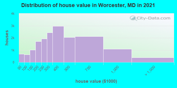 Distribution of house value in Worcester, MD in 2022