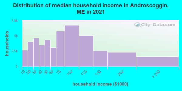 Distribution of median household income in Androscoggin, ME in 2019