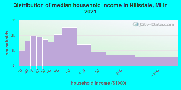 Distribution of median household income in Hillsdale, MI in 2021