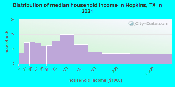 Distribution of median household income in Hopkins, TX in 2022