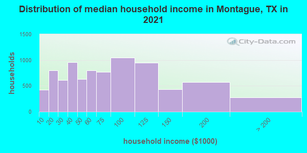 Distribution of median household income in Montague, TX in 2022