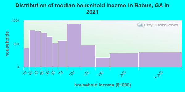 Distribution of median household income in Rabun, GA in 2019