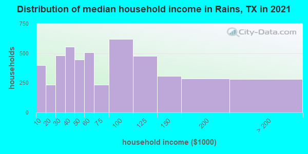 Distribution of median household income in Rains, TX in 2022