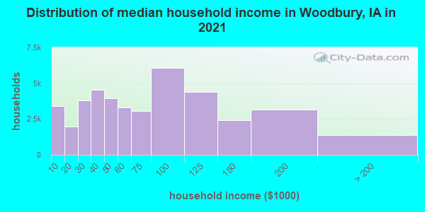 Distribution of median household income in Woodbury, IA in 2022