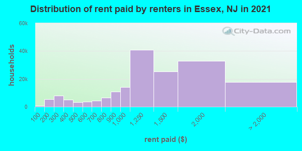Distribution of rent paid by renters in Essex, NJ in 2019