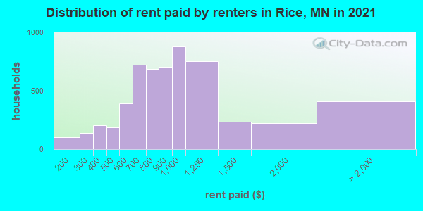 Distribution of rent paid by renters in Rice, MN in 2022