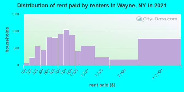 Distribution of rent paid by renters in Wayne, NY in 2019