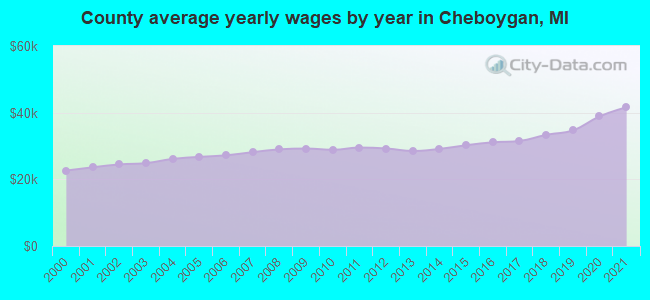 County average yearly wages by year in Cheboygan, MI